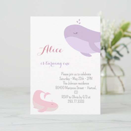 Roze Lila walvis Zee 1e verjaardag Kaart (Staand voorkant)