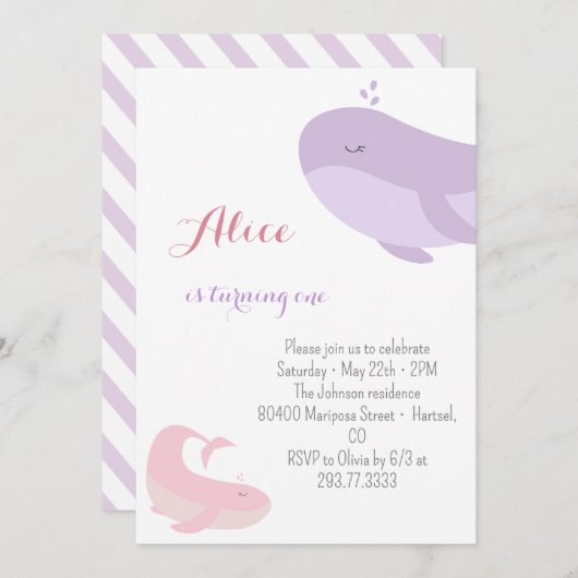 Roze Lila walvis Zee 1e verjaardag Kaart (Voorkant / Achterkant)