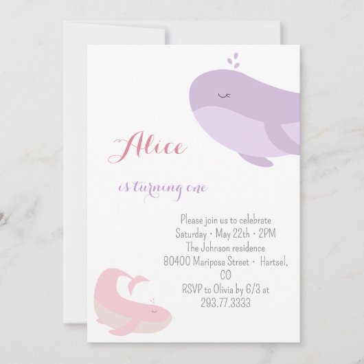 Roze Lila walvis Zee 1e verjaardag Kaart (Voorkant)