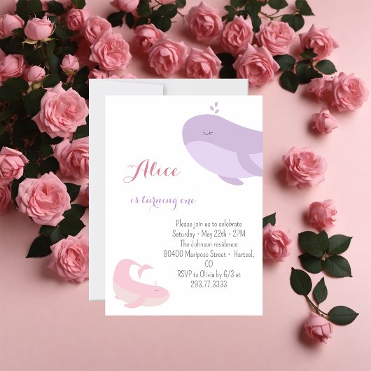 Roze Lila walvis Zee 1e verjaardag Kaart