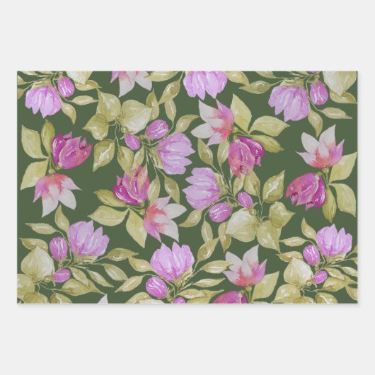 Roze Lila Waterverf Bloemen Handgeschilderd Inpakpapier Vel (Voorkant 3)