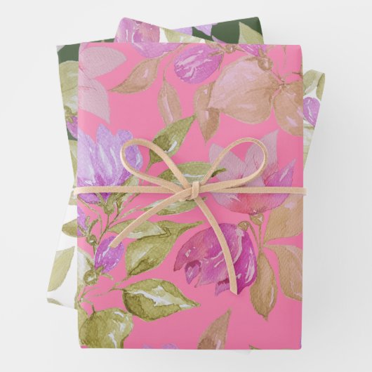 Roze Lila Waterverf Bloemen Handgeschilderd Inpakpapier Vel (In situ)