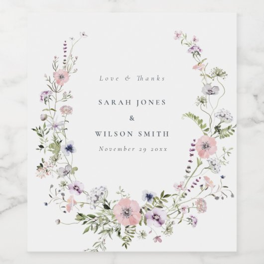 Roze Lila Wildbloem Wreath Weddenschap Bedankt Wijn Etiket (Enkel label)