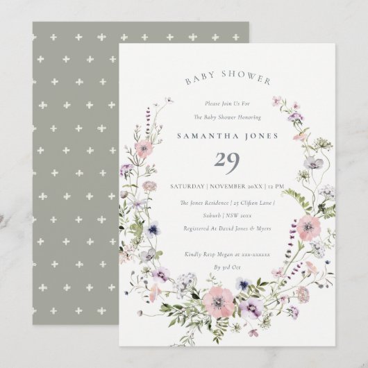 Roze Lila wilde bloem Wreater Baby shower Invite Bedankkaart (Voorkant / Achterkant)
