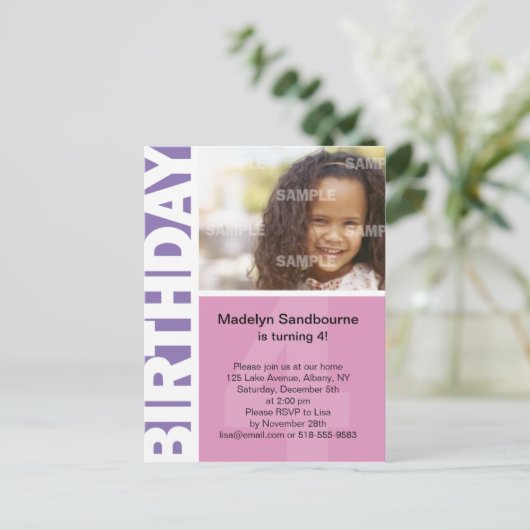 Roze Lila Zijpaneel 4e Verjaardag Briefkaart (Staand voorkant)