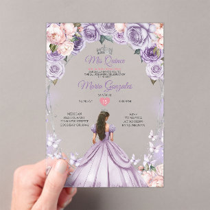 Roze Lilac Mis Quince 15 Jaar Kroon Quinceañera Acryl Uitnodigingen