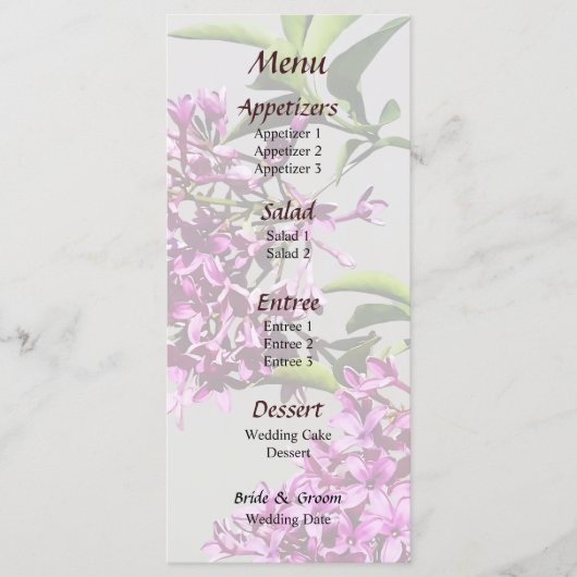 Roze Lilacs en bladeren Bruiloft Menu (Voorkant)
