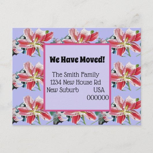 Roze Lilies Nieuw Briefkaart van het Adres, bewege (Voorkant)