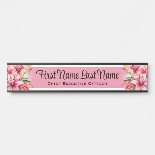 Roze Lillies Bloemen Kantoor Deur Tekenen Naam Bor Deurbordje (Voorkant)