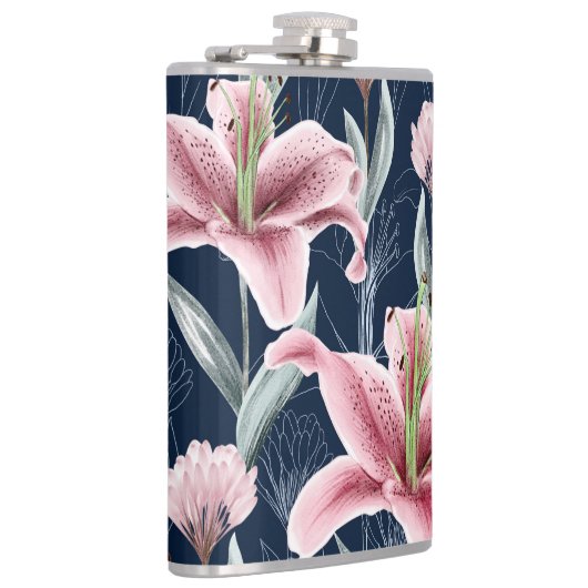 Roze Lilly Bloem Naadloos Patroon. Heupfles (Rechts)