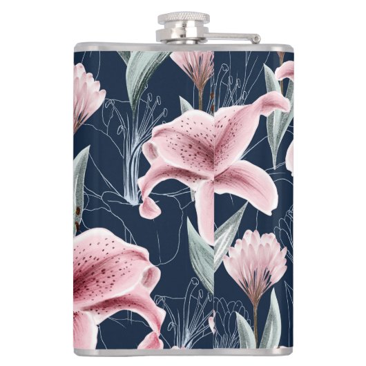 Roze Lilly Bloem Naadloos Patroon. Heupfles (Achterkant)