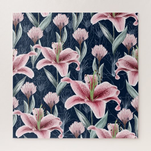 Roze Lilly Bloem Naadloos Patroon. Legpuzzel (Verticaal)