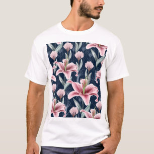 Roze Lilly Bloem Naadloos Patroon. T-shirt
