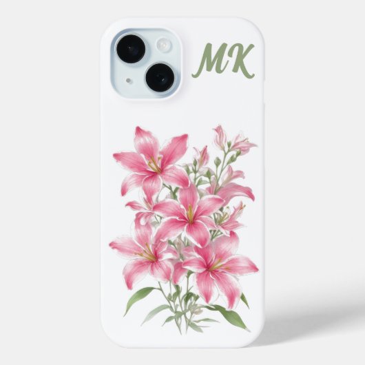 Roze Lily Bloemen Monogram Telefoon Case (Achterkant)
