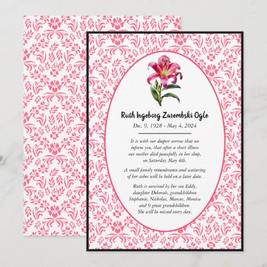 Roze Lily Europese stijl Dood Aankondiging Kaart (Voorkant / Achterkant)