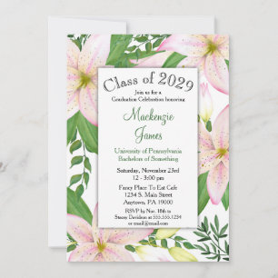 Roze Lily Floral Afstuderen Invitation Girls Woman Kaart