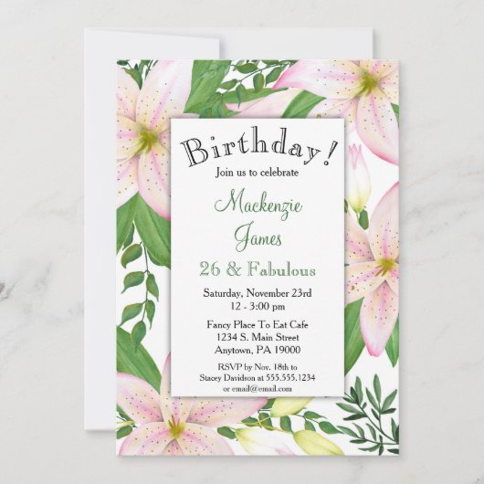 Roze Lily Floral Birthday Party nodigde dames uit Kaart (Voorkant)