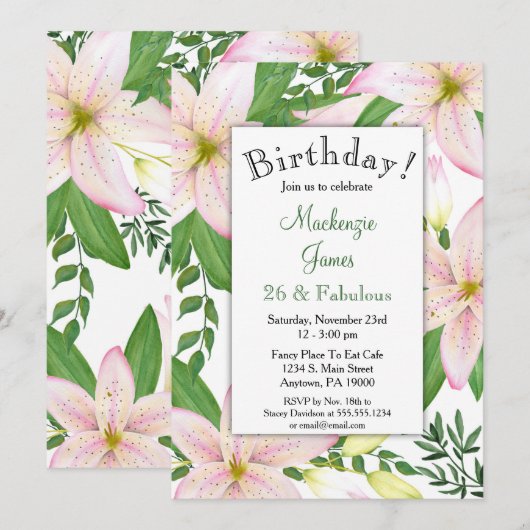 Roze Lily Floral Birthday Party nodigde dames uit Kaart (Voorkant / Achterkant)