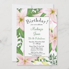 Roze Lily Floral Birthday Party nodigde dames uit Kaart