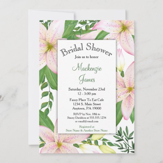 Roze Lily Floral Bridal Shower Invitation Lilies Kaart (Voorkant)