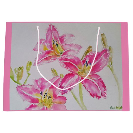  Roze Lily Flower Floral Lilies Waterverf Groot Cadeauzakje (Voorkant)