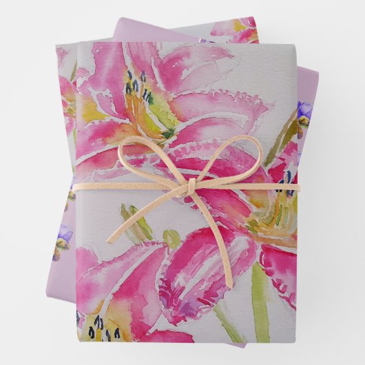  Roze Lily Flower Floral Lilies Waterverf Inpakpapier Vel (In situ)