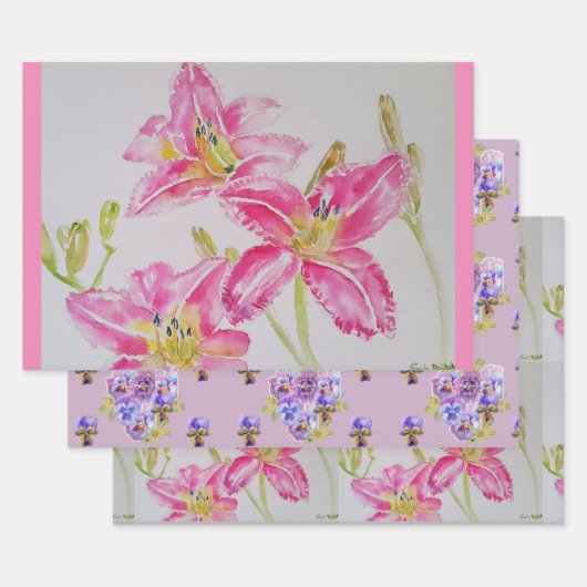  Roze Lily Flower Floral Lilies Waterverf Inpakpapier Vel (Set)