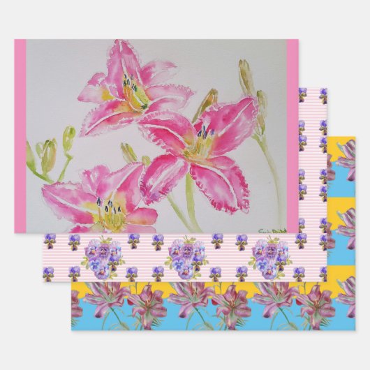  Roze Lily Flower Floral Lilies Waterverf Inpakpapier Vel (Set)