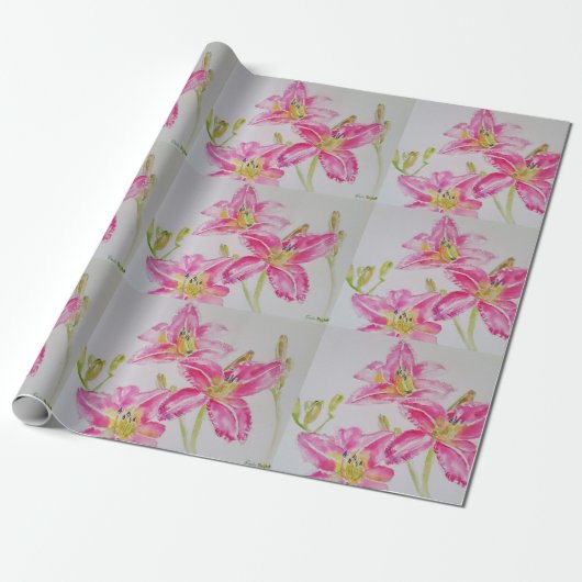  Roze Lily Flower Floral Waterverf Cadeaupapier (Uitgerold)