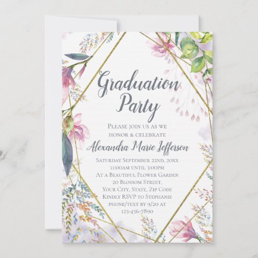 Roze Lily Flower Geometric Gold Girls Afstuderen Kaart (Voorkant)