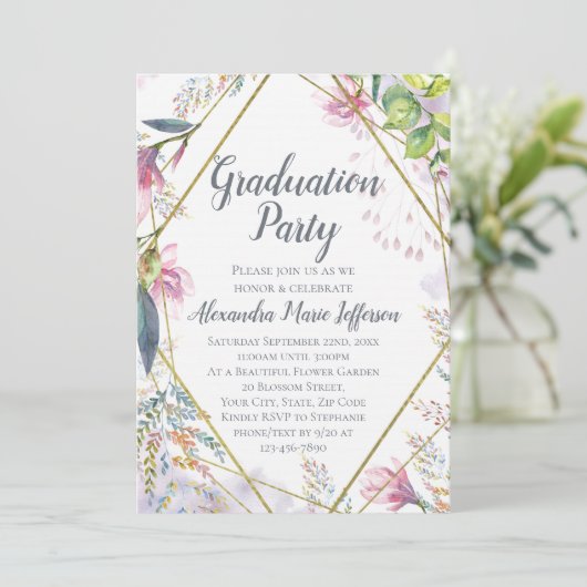 Roze Lily Flower Geometric Gold Girls Afstuderen Kaart (Staand voorkant)