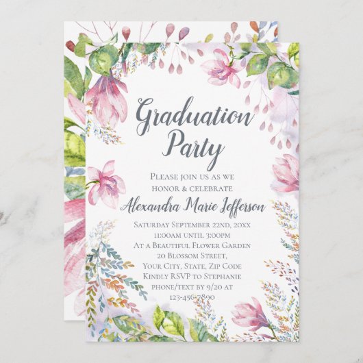 Roze Lily Flower Waterverf Bloemen Meisje Afstuder Kaart (Voorkant / Achterkant)