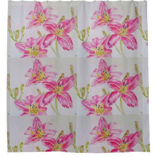 Roze Lily Lillies Waterverf Schilderij Bloemen Douchegordijn (Voorkant)