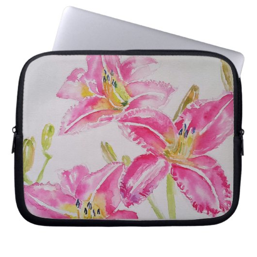 Roze Lily Lillies Waterverf Schilderij Bloemen Laptop Sleeve (Voorkant)