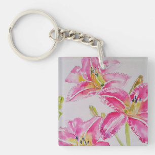 Roze Lily Lillies Waterverf Schilderij Bloemen Sleutelhanger