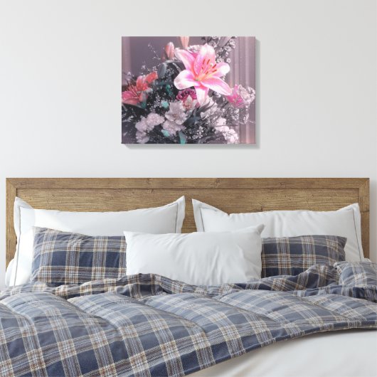 Roze Lily Pearls Bouquet Wrapped Canvas Afdruk (Insitu (Slaapkamer))