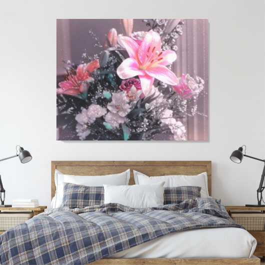 Roze Lily Pearls Bouquet Wrapped Canvas Afdruk (Insitu (Slaapkamer))