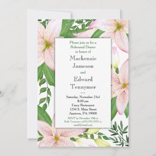 Roze Lily Rehearsal Dinner Invitation Kaart (Voorkant)