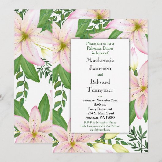 Roze Lily Rehearsal Dinner Invitation Kaart (Voorkant / Achterkant)