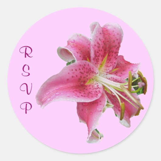 Roze Lily RSVP-sticker voor uitnodiging Ronde Sticker (Voorkant)