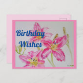  Roze Lily Waterverf Birthday Briefkaart (Voorkant / Achterkant)