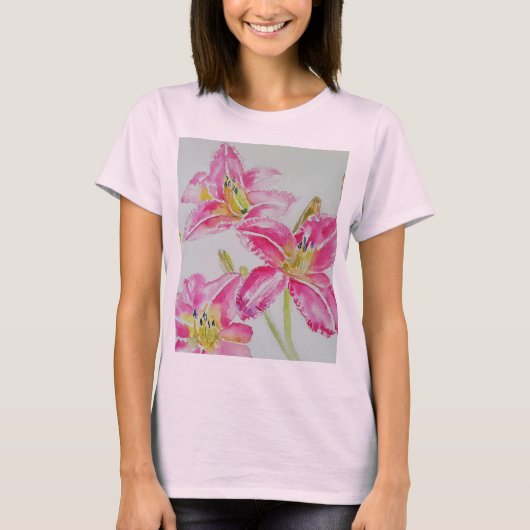 Roze Lily Waterverf bloemen Womens T Shirt (Voorkant)