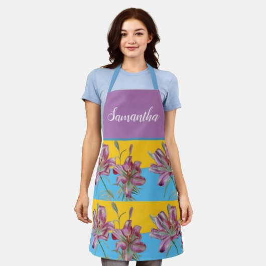 Roze Lily Waterverf Kitchen Floral Apron Schort (Gedragen)