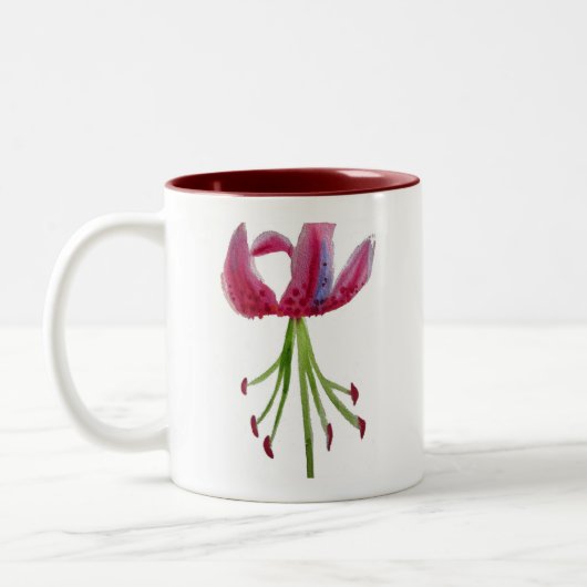 Roze Lily waterverf moderne bloem Tweekleurige Koffiemok (Links)