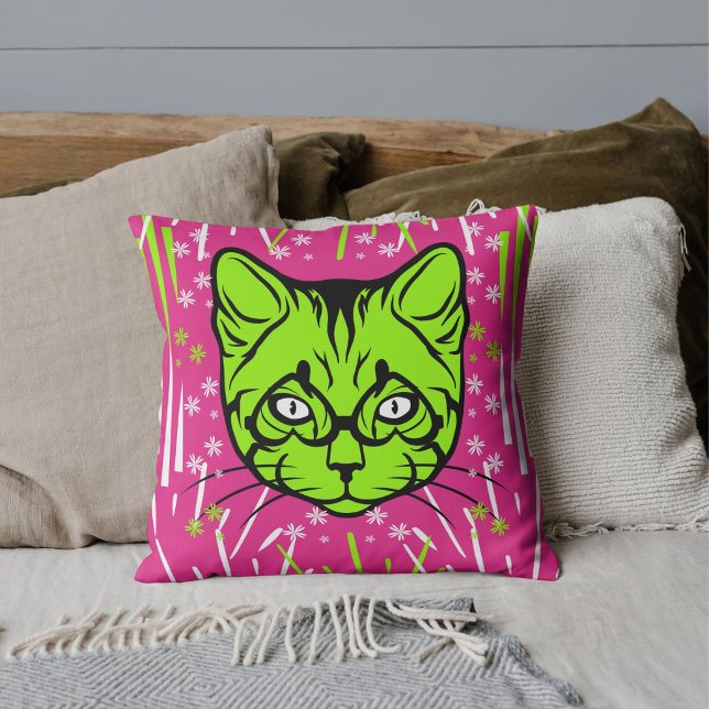 Roze Lime Wit Zwart Modern Kat Patroon Aangepast Kussen (Creator heeft geüpload)