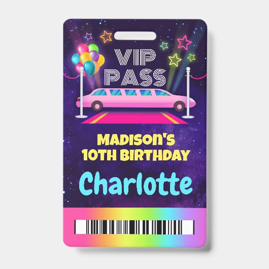 Roze Limo VIP Pas Geboorteketting Badge (Voorzijde)
