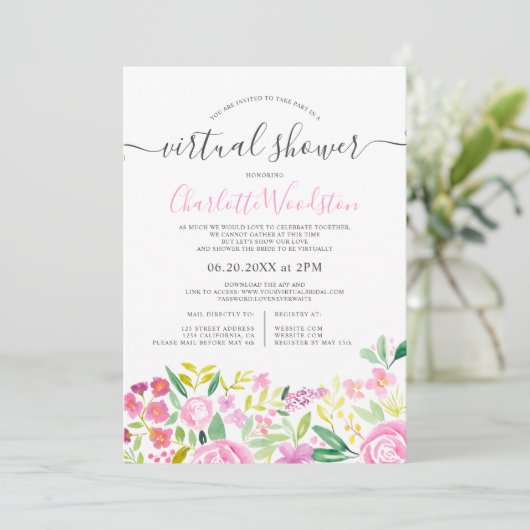 Roze limoen bloemige waterverf script virtual show kaart (Staand voorkant)