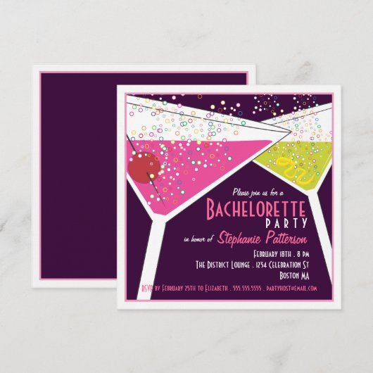 Roze & Limoen Martini Bachelorette Party Invitatio Kaart (Voorkant / Achterkant)