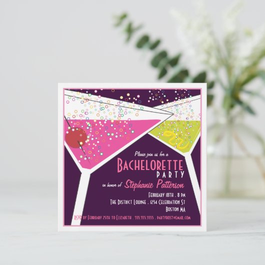 Roze & Limoen Martini Bachelorette Party Invitatio Kaart (Staand voorkant)