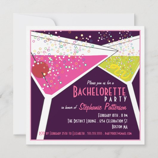 Roze & Limoen Martini Bachelorette Party Invitatio Kaart (Voorkant)